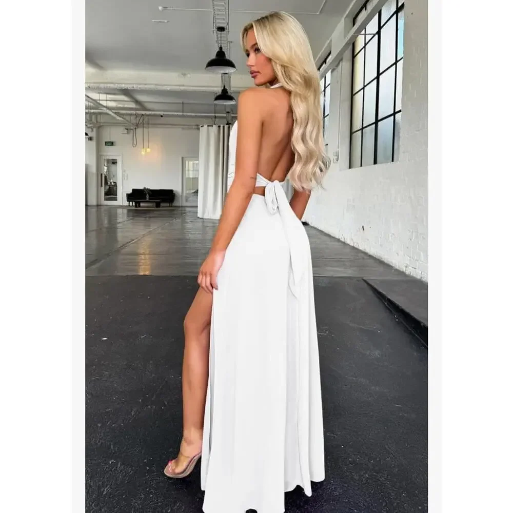 #281 MSRP $50 NWOT GOKATOSAU WHITE HALTER PLUNGING NECK HIGH SLIT MAXI ♡SIZE L♡
